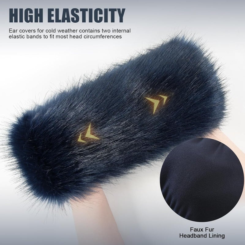 RANOME Faux Fur Headband for Women Elastic Fuzzy Thick Earmuffs Winter Headwrap Ear Muffs Furry Ear Warmers Cold Weather (Navy Blue) - Image 3